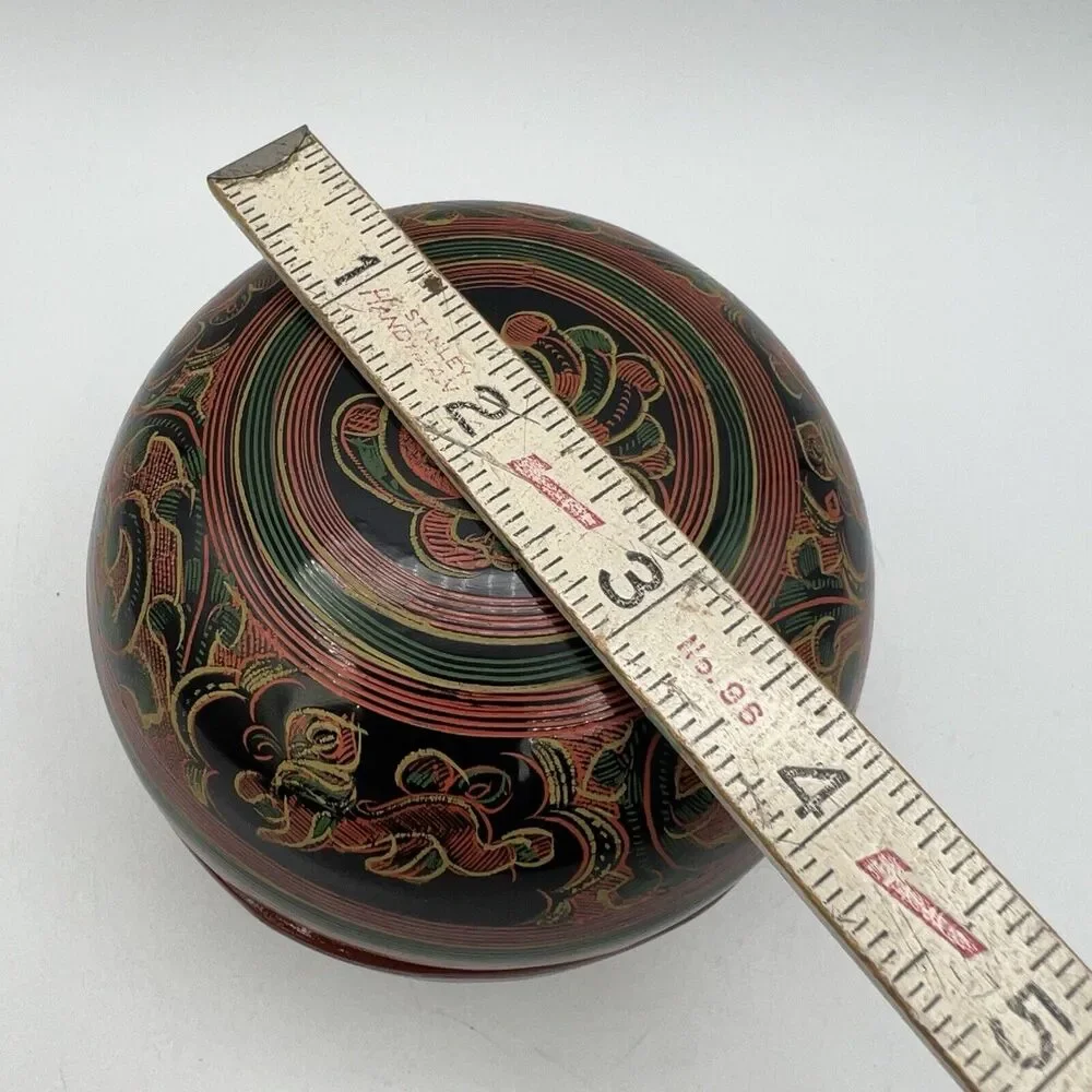 3 Vtg Round Burmese Laquer Nesting Boxes Black Red Green Firebird Hand Painted